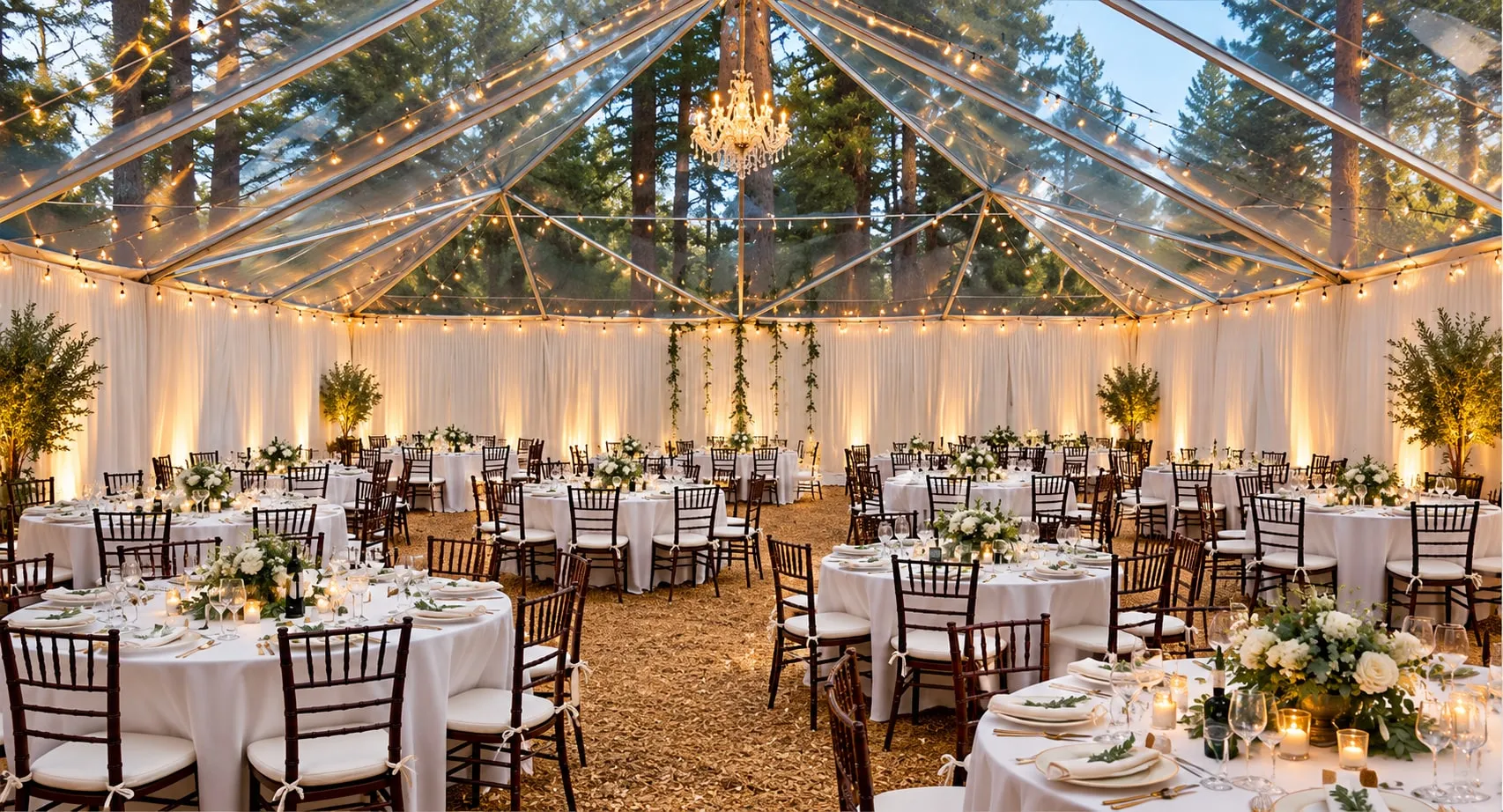 The interior of a clear-top frame tent with a chandelier, festoon lights and round banquet tables beneath the transparent roof.