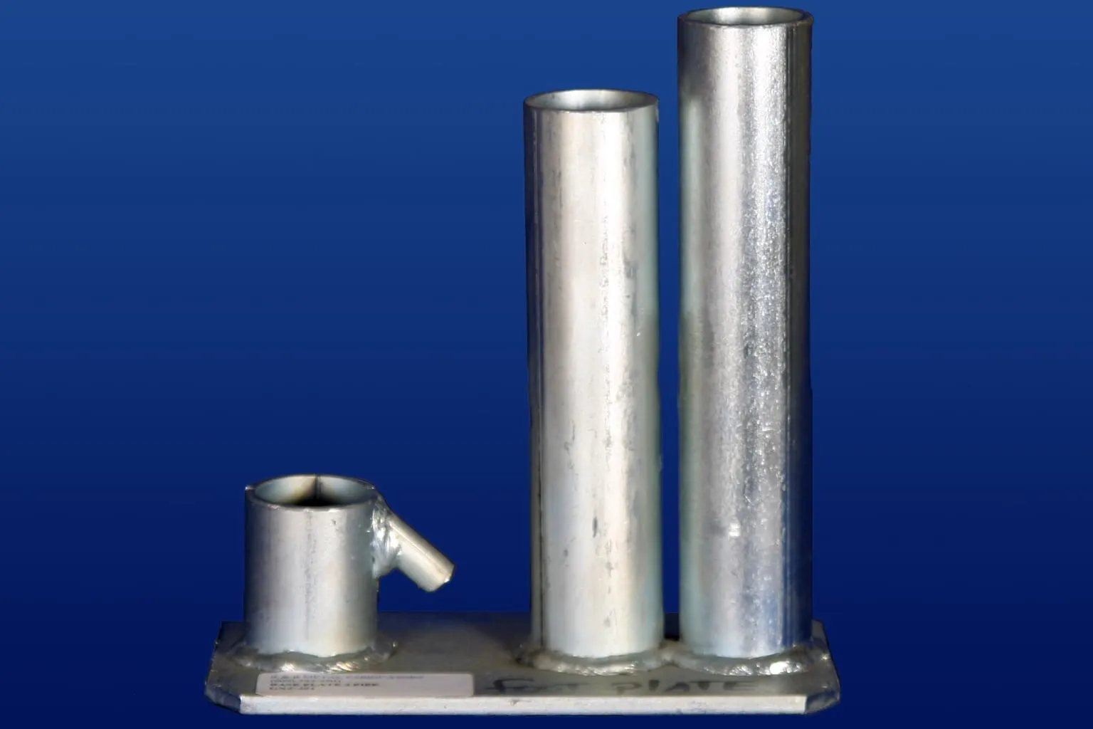 An aluminum base plate with two leg sockets for a 20 ft high peak tent.