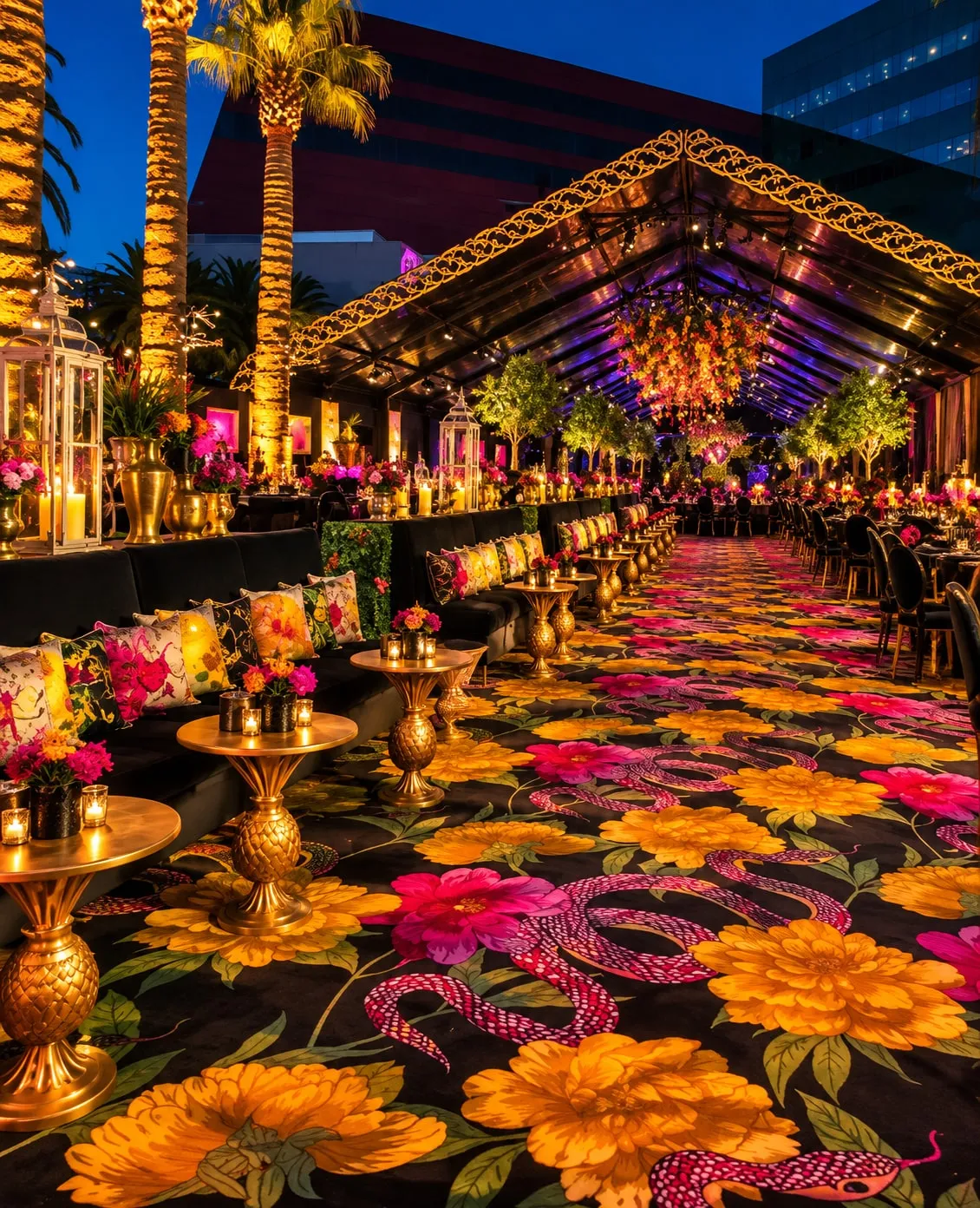 A long banquet table set beneath an ornately decorated structure ceiling, lit warm gold.