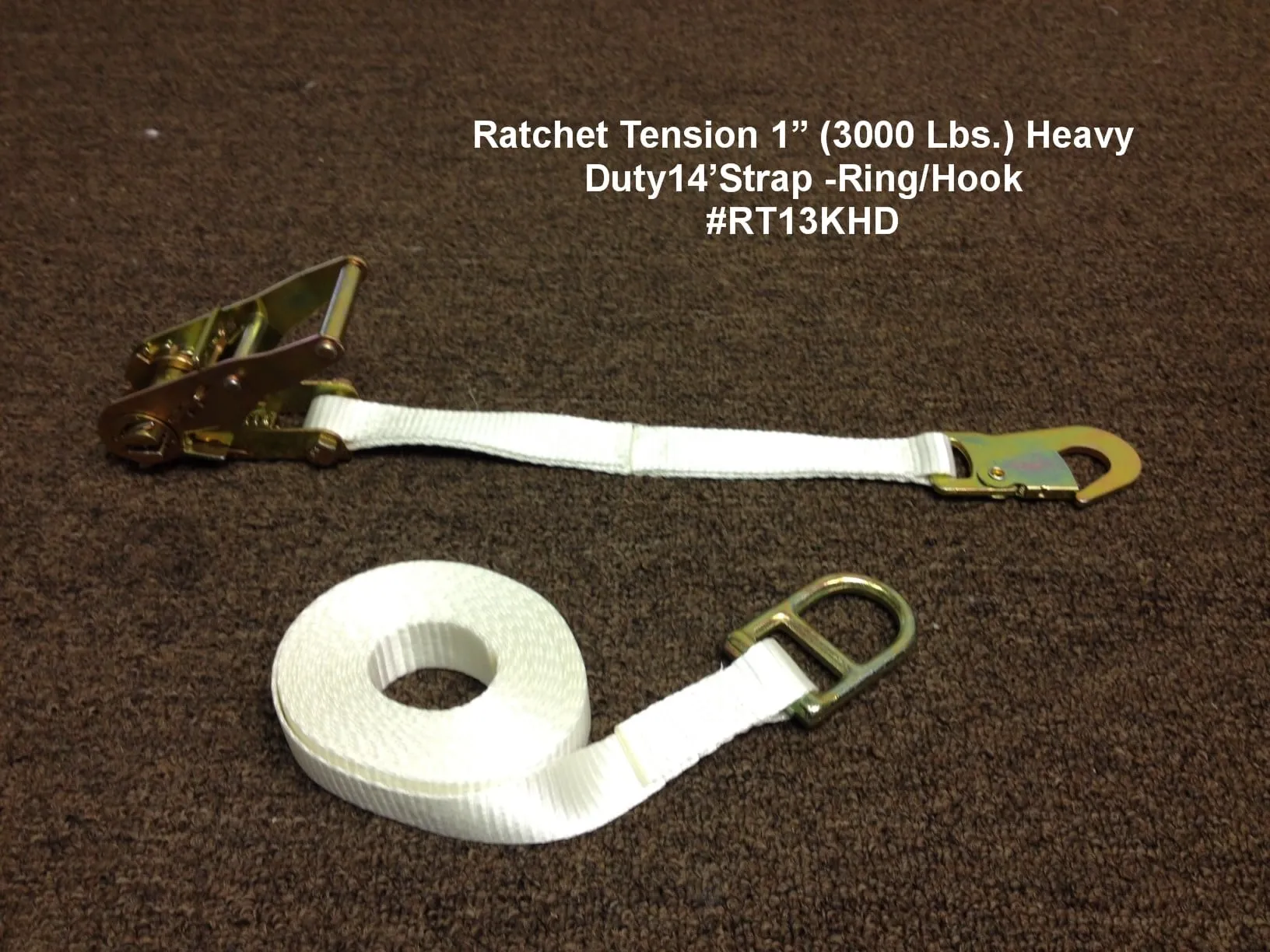 A 1-inch heavy duty ratchet tension strap with ring and hook.