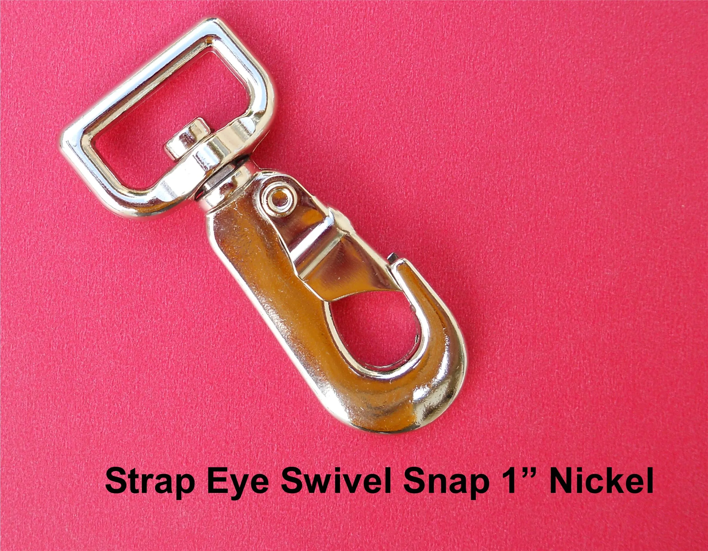 A 1-inch nickel swivel eye snap hook.