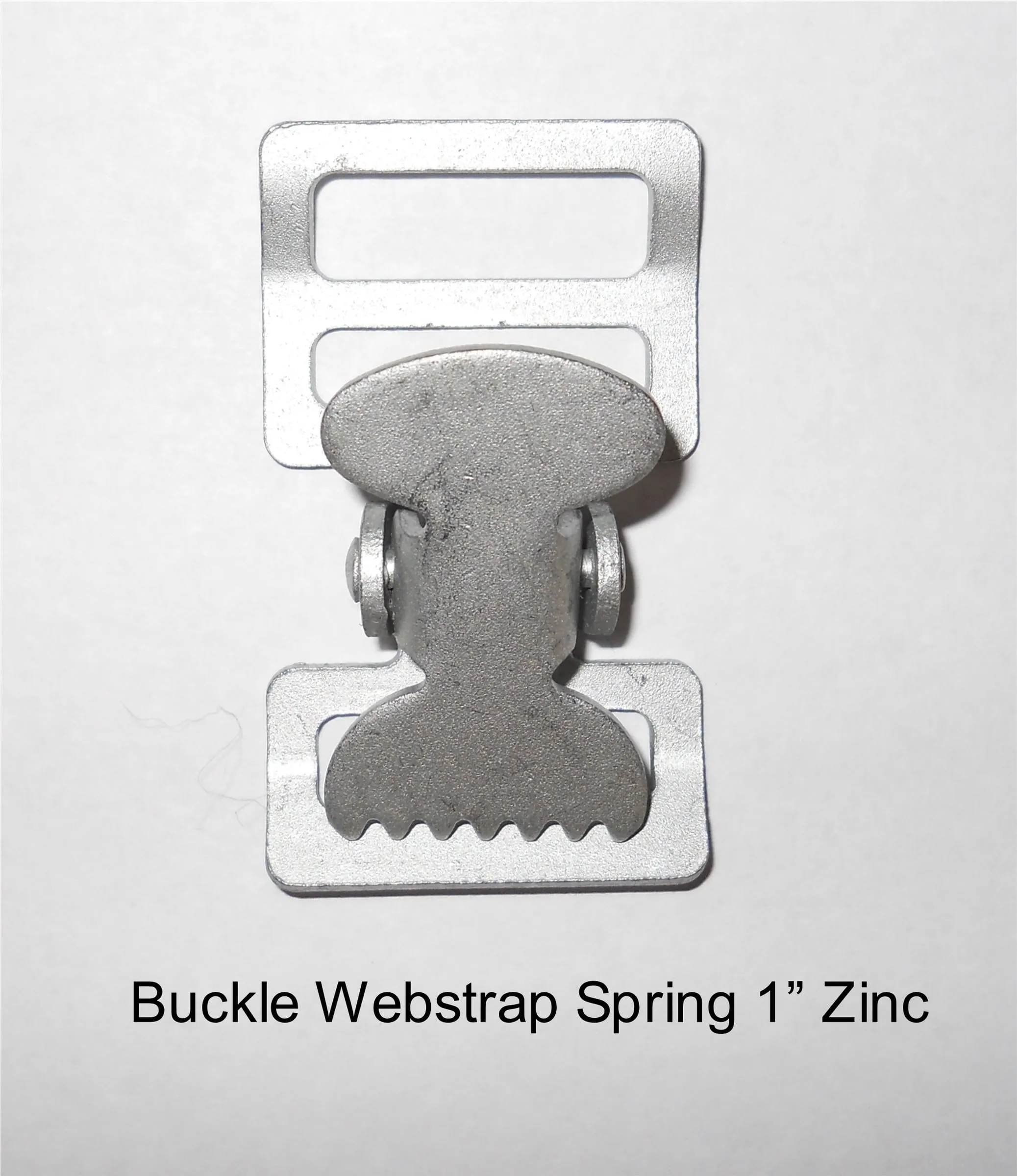 A 1-inch zinc spring buckle for web straps.